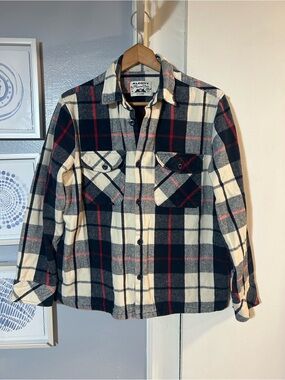 Alcott Women’s Flannel Shacket Navy White Red Plaid Button-Up Shirt Jacket Sz XL